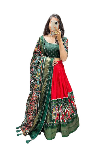 Ladies Cotton Green Red Tribal Lehenga Choli Set