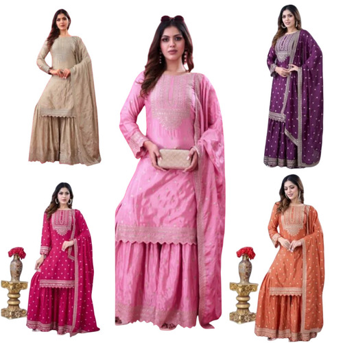 Ladies Designer Party Wear Chinon Silk Sharara Suit Set