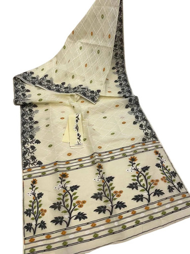 Off White Cotton Jamdani Saree With Floral Motifs