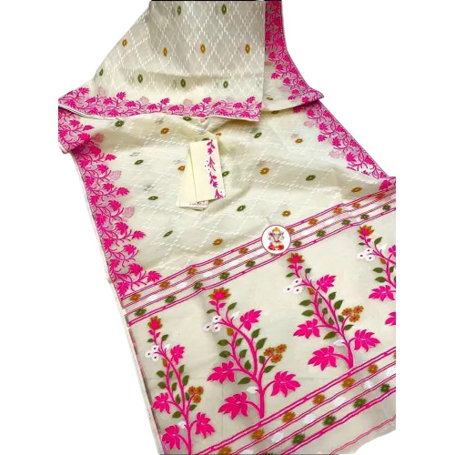 White Base Cotton Muslin Jamdani Saree With Floral Motifs