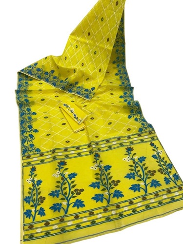 Yellow Base Cotton Jamdani Saree With Floral Motifs