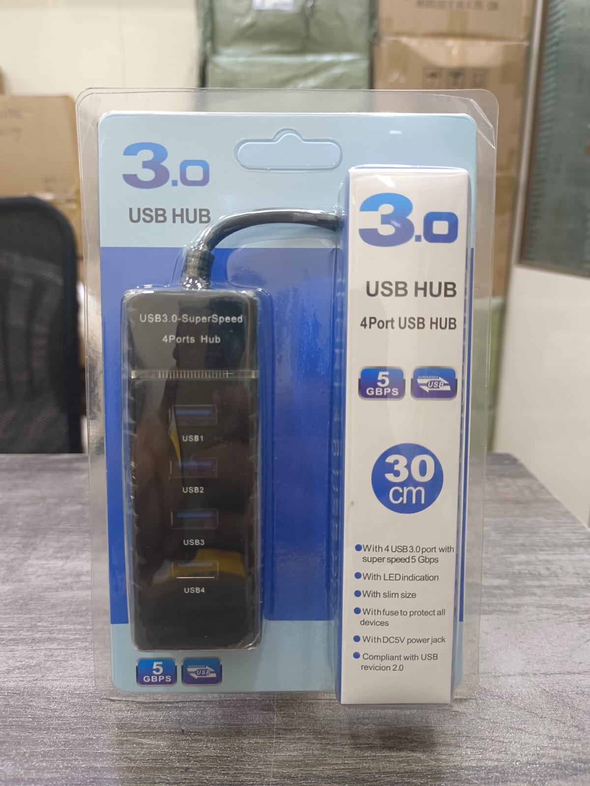 4 Port USB 3.0 Hub SuperSpeed 5Gbps 30cm Cable LED Indicator