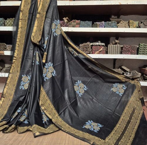 Black Cotton Hand Block Printed Saree