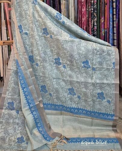 Printed Aqua Blue Cotton Saree