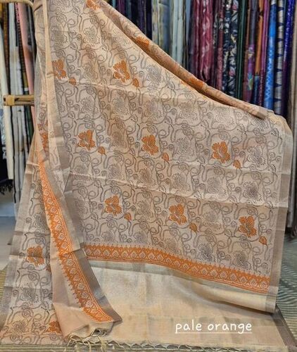 Printed Pale Orange Cotton Saree