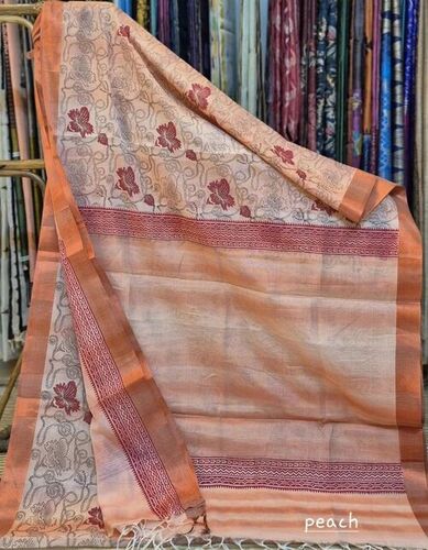 Printed Peach Cotton Saree