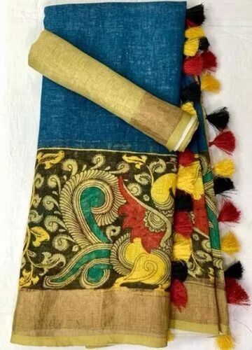 Pure Linen Blue Printed Sarees
