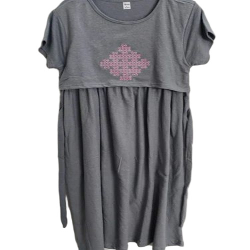 Light Grey Cotton Knee Length Dress, Multicolor Printed, Half Sleeves | Breathable, Washable, Anti Wrinkle