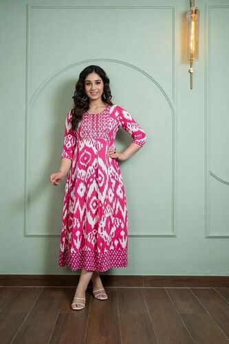 Coral Pink Cotton Printed Anarkali Kurti