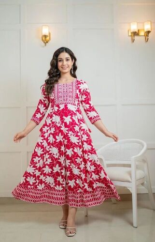 Garnet Red Cotton Printed Anarkali Kurti