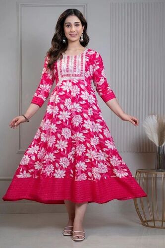 Jam Red Cotton Printed Anarkali Kurti