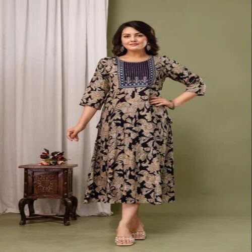 Khaki Cotton Printed Anarkali Kurti