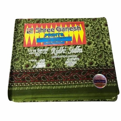 Ladies Printed Cotton Saree - Cotton, Standard Size, Green | Comfortable, Skin Friendly, Casual Wear