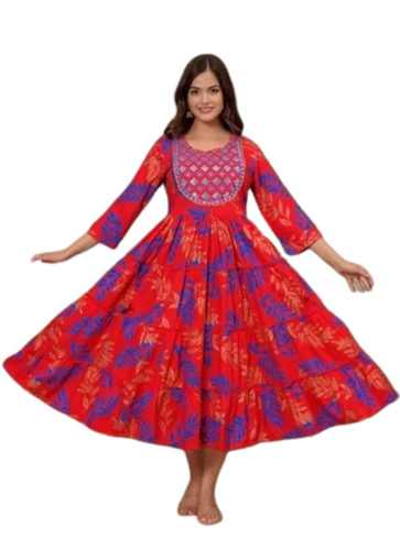 Ladies Red And Blue Rayon One Piece Dress
