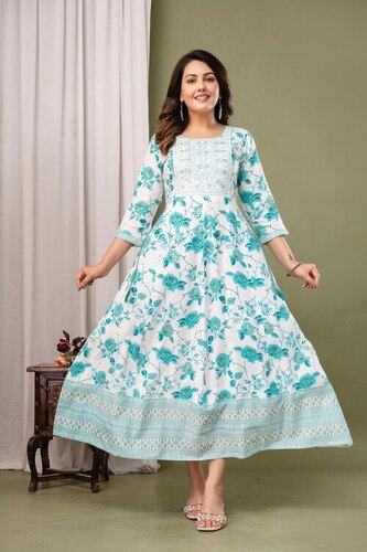 Linen White Cotton Printed Anarkali Kurti