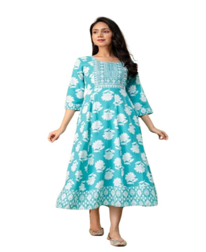 Pearl Blue Cotton Printed Anarkali Kurti