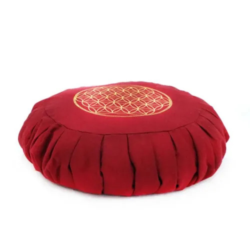 Red Cotton Round Meditation Cushion With Buckwheat Filling - Pattern: Embroidered
