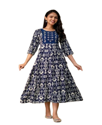 Sea Blue Cotton Printed Anarkali Kurti