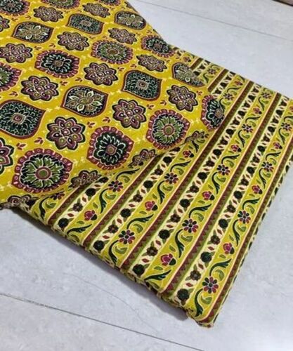Yellow Printed Cotton Fabric - 100% Cotton, Yellow, Handloom | Shrink-Resistant, Soft Texture, Summer Apparel