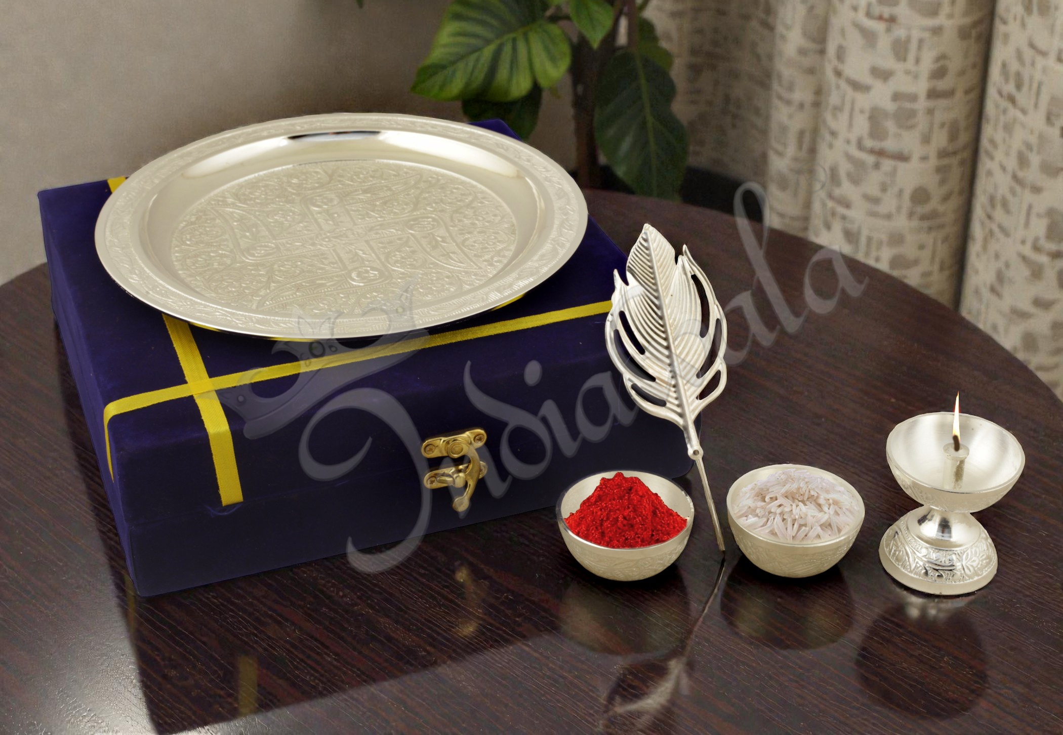 Silver Plated Pooja Thali 7.5 Inch Morpankhi Aluminium Indiawala - Weight: 235 Grams (g)