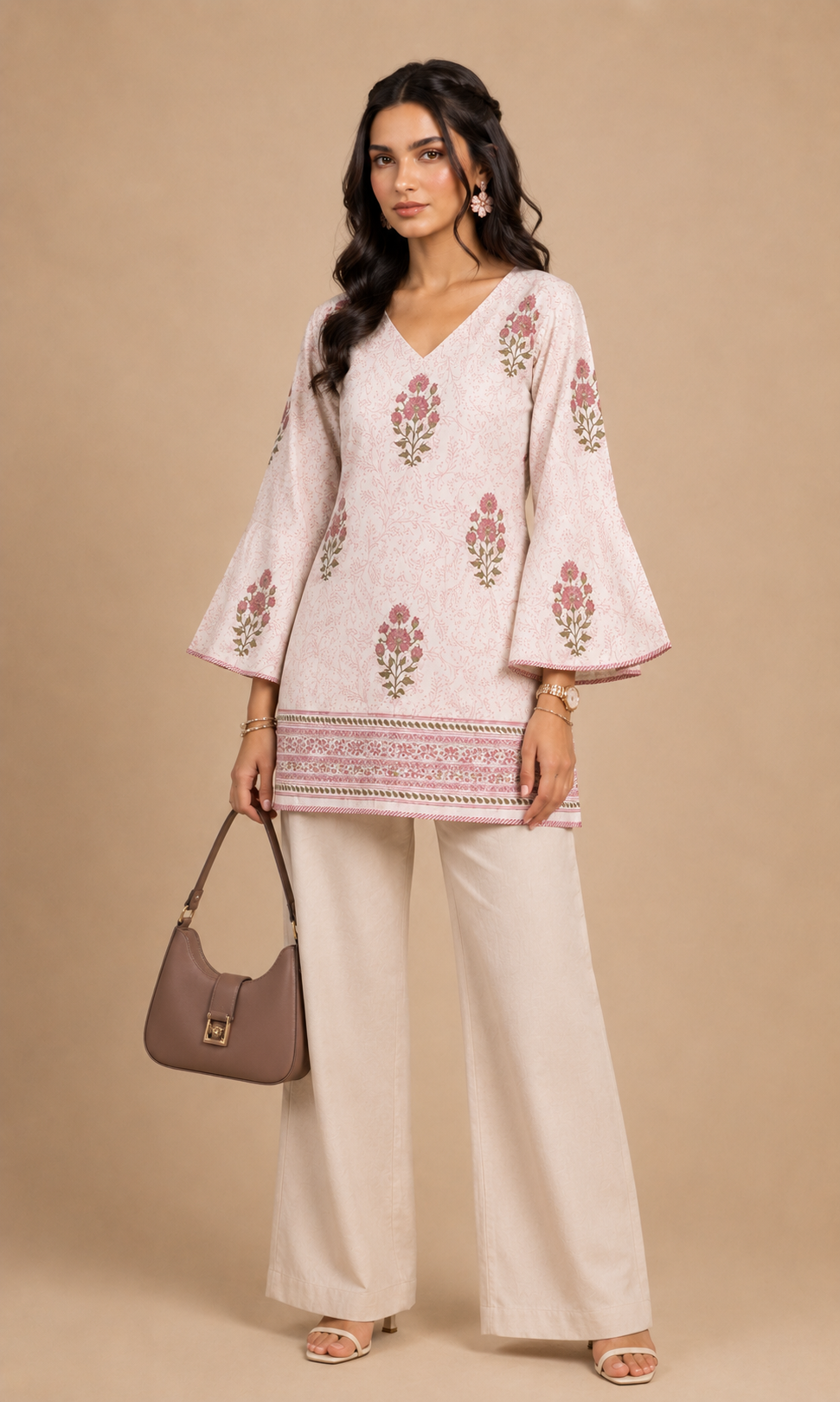 Women Peach Pink Floral Printed Short Kurti - Bust Size: 40 Centimeter (Cm)