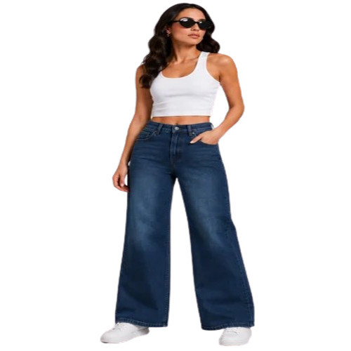 Women Stretchable Dark Blue Wide Leg Jeans