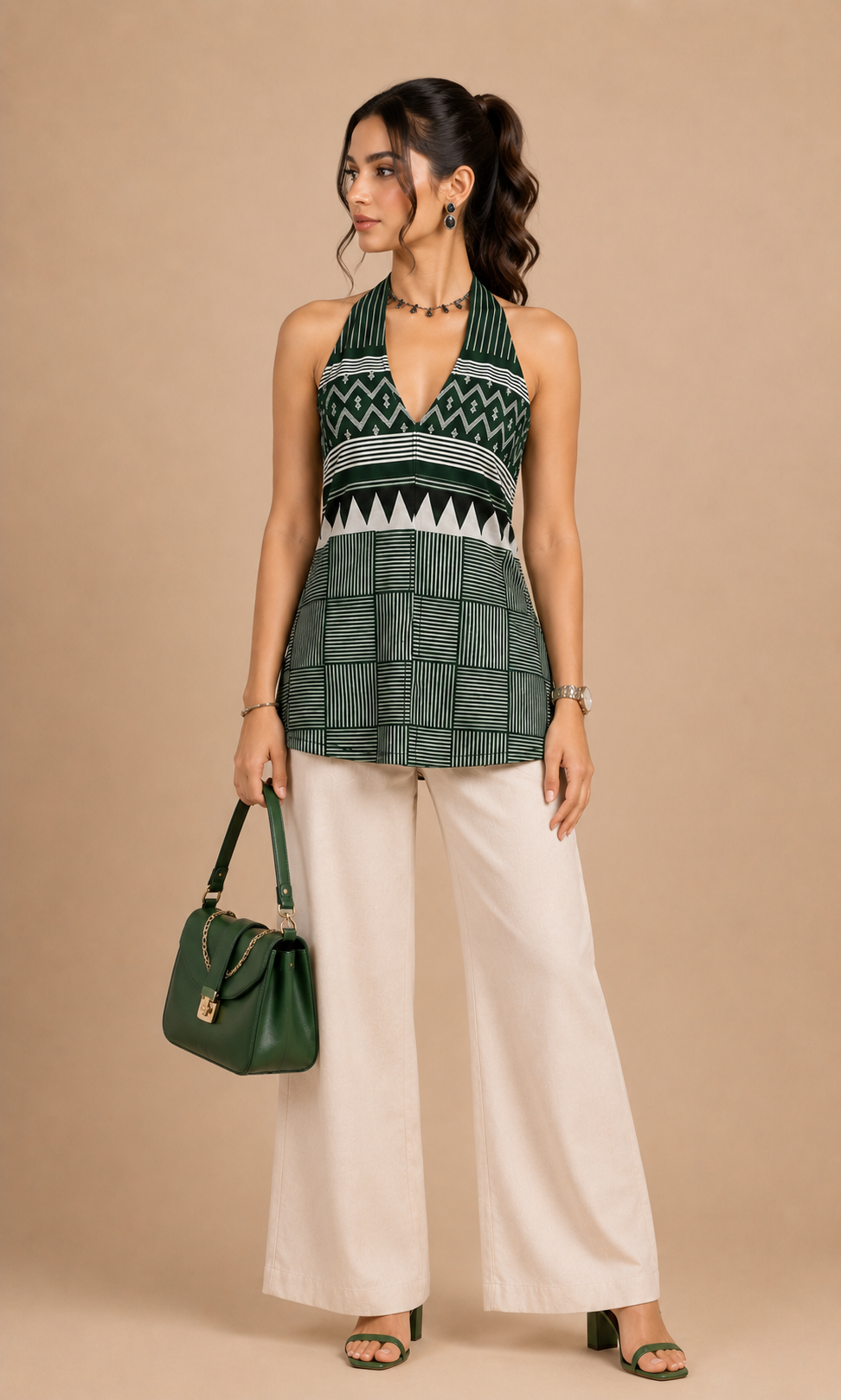 Womens Designer Green Printed Halter Neck Kurti - Bust Size: 40 Centimeter (Cm)