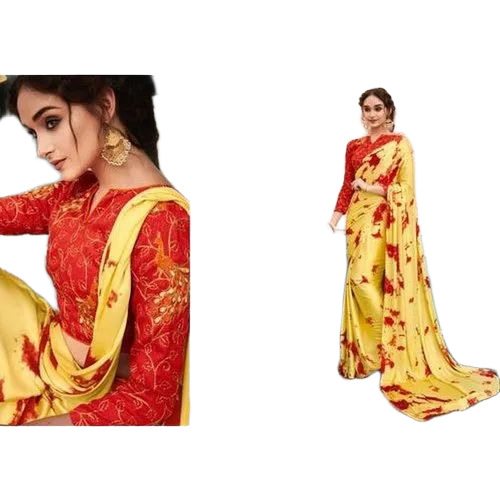 Printed Yellow Ladies Saree - Georgette, Multicolor | Anti-Wrinkle, Comfortable, Easy Wash, Shrink-Resistant