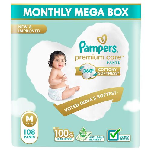 Pampers Premium Care Diaper | Pant Style Baby Diapers Medium Size, 108 Count | 360 Cotton Softness Diaper |Anti Rash Diaper with Aloe Vera