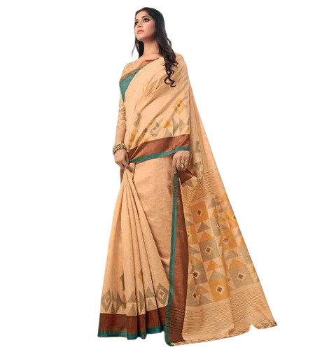 Cream Unstitched Bhagalpur Digital Printed Saree