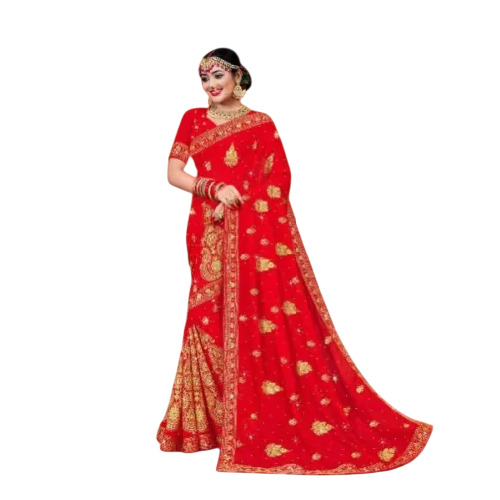Unstitched Georgette Bridal Saree - Color: Red