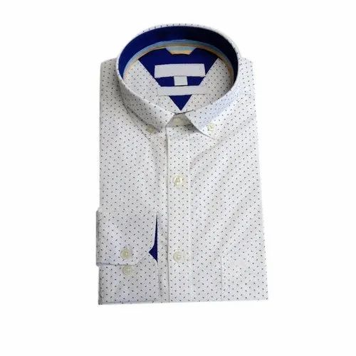 Men White Polka Dot Printed Cotton Shirt
