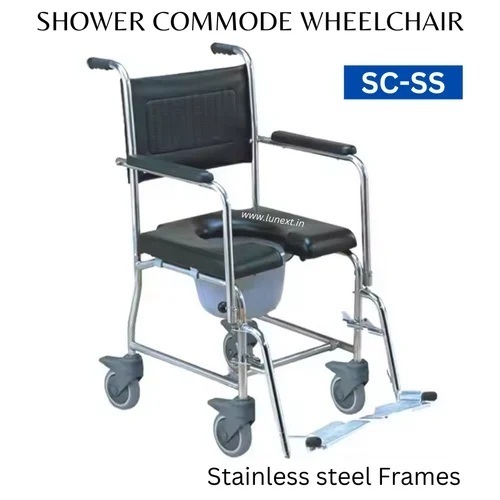 Stainless Steel Shower Commode Wheelchair - Adjustable, Black, Portable | Corrosion Resistant Frame, Comfortable Seating, Lockable Wheels, Secure Brakes