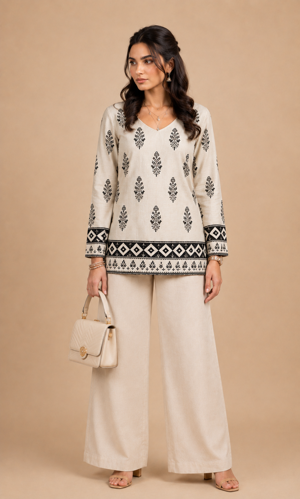 Aurelia Cream Heritage Motif Straight short Kurti