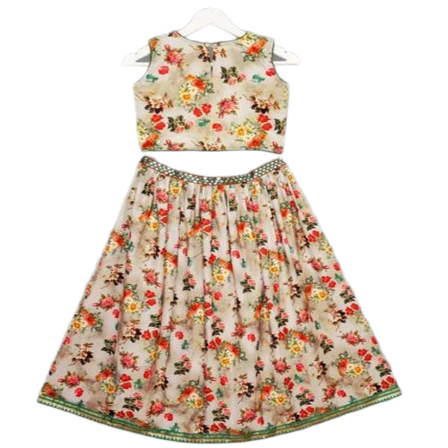 Girls Beige Cotton Printed Lehenga Choli Set