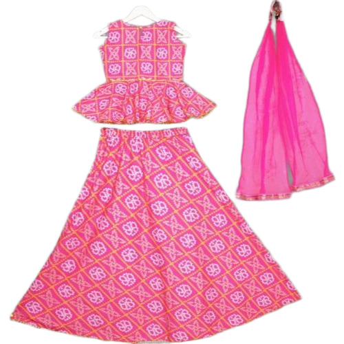Girls Pink Cotton Lehenga Choli Set