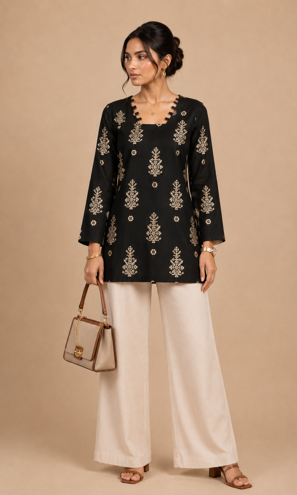 NoorVira Black Ethnic Motif Printed Straight short Kurti