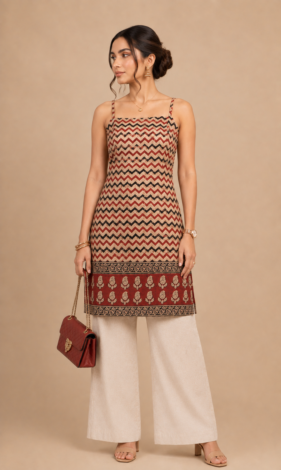 Straight Elegant Maroon & Beige Chevron Printed Womens Kurti - Color: Multiple Color