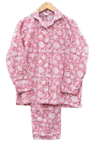 Block Printed Cotton Full Sleeve Pyjama Set - Color: Pink