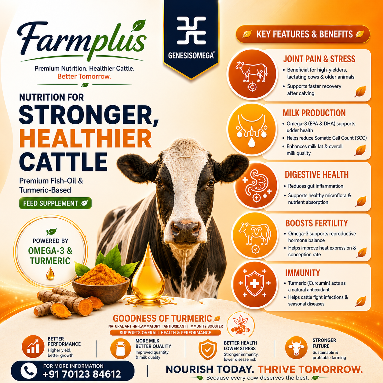 Genesisomega Farmplus Turmeric Blend Cattle Feed Supplement For Dairy 1 Ltr