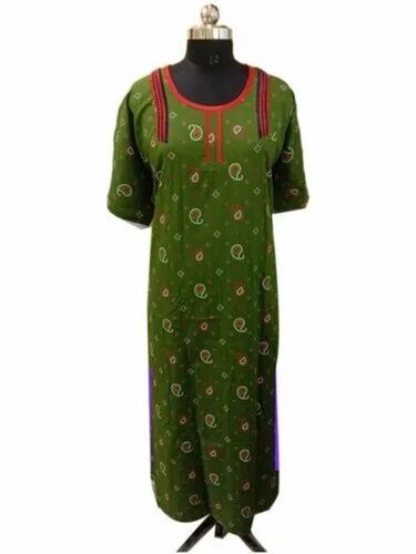 Ladies Mehndi Color Cotton Printed Nightgown - Design: Standard