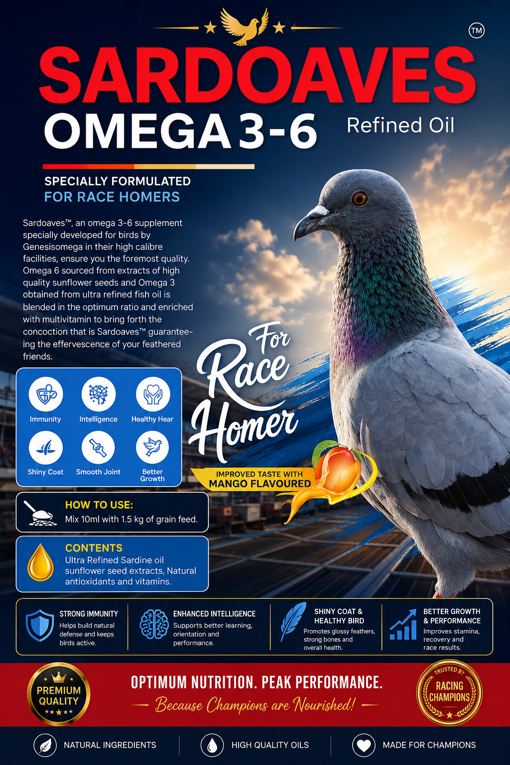 Sardoaves Omega 36 In Mango Flavour For Race Homers (Pegion) 500 ML