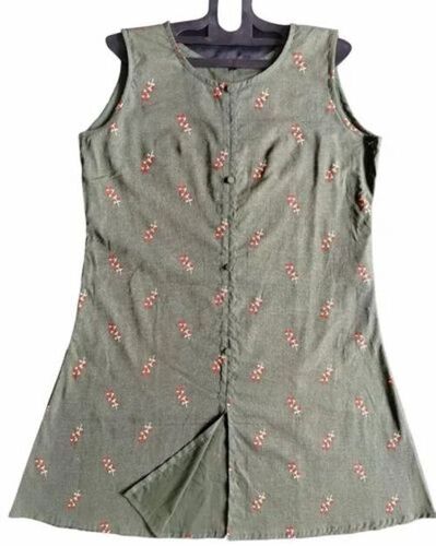 Sleeveless Casual Wear Printed Cotton Kurti - Cotton, Large, Grey, Breathable, Quick Dry, Anti UV, Comfortable Fit