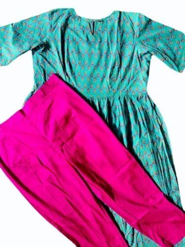 Women Turquoise Printed Cotton Kurti Pant Set