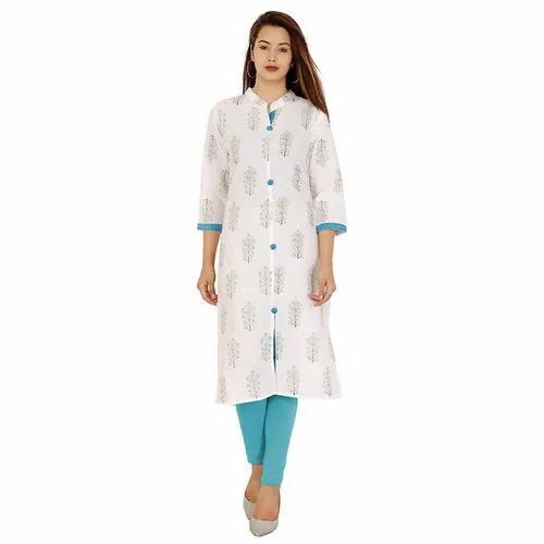 Ladies White Printed Cotton Kurti