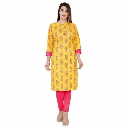 Ladies Yellow Printed Cotton Kurti