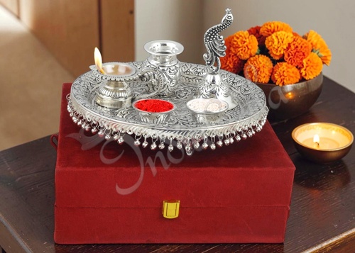 10 Inch Silver Plated Brass Pooja Thali In Premium Velvet Box - Occasion: Corporate | Event | Wedding | Festive Gifting