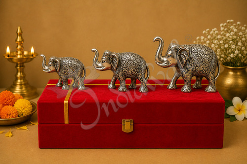 Silver Plated Aluminium Elephant Set Of 3 In Premium Velvet Box