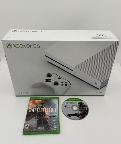 Xbox One S 1TB White Disc Edition Console In Box W/ 2 Games Controller Cords