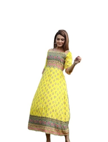 Flower Print Yellow Rayon Kurti